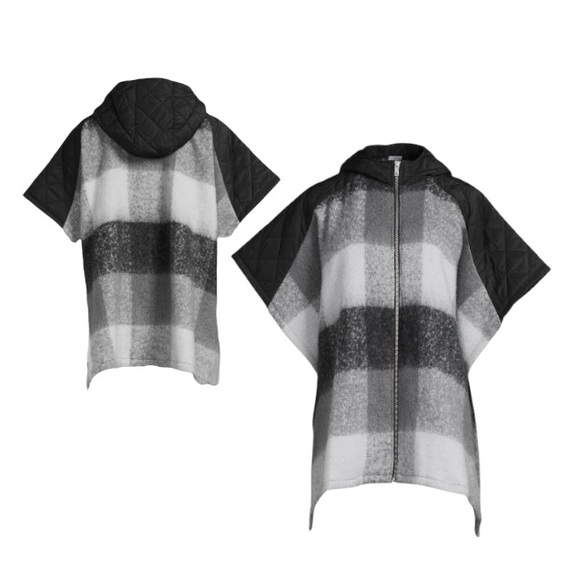 Time And Tru Black Plaid Hooded Zipper Poncho Sweater - Picture 2 of 11